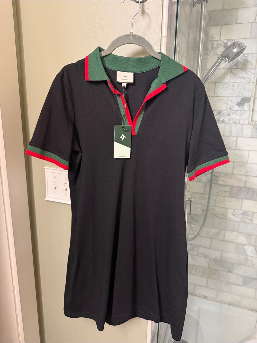 NWT Tuckernuck Black Polo Dress with Green & Red Trim-Suze Small